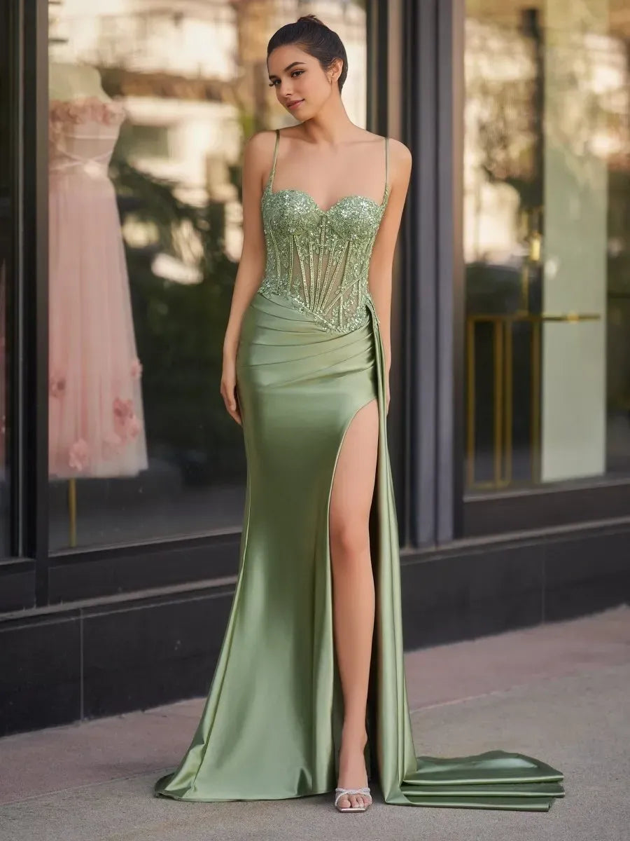 Charming Sweetheart  Spaghetti Straps Lace Up Floor-Length side leg slit Mermaid  prom dress for women for sale