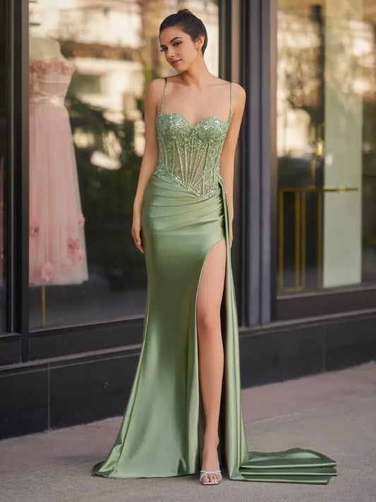 Charming Sweetheart  Spaghetti Straps Lace Up Floor-Length side leg slit Mermaid  prom dress for women for sale
