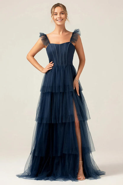 Charming Tiered A Line Square Neck Cap sleeves Ruffled Strap Lace-Up Floor-Length Side Leg Slit Prom Dress