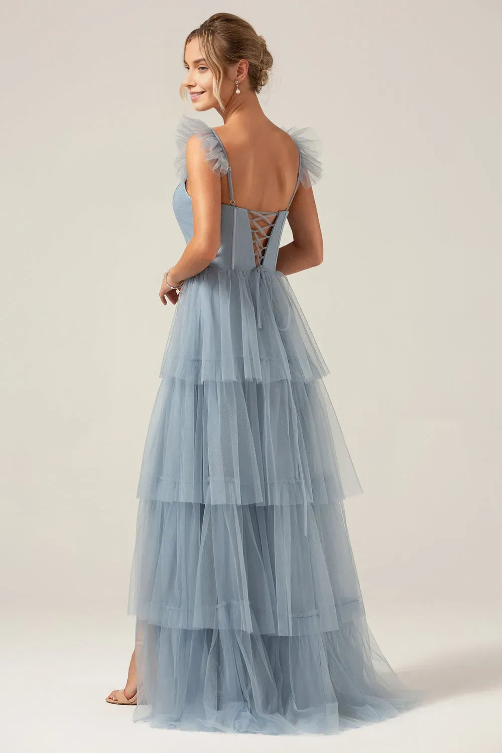 Charming Tiered A Line Square Neck Cap sleeves Ruffled Strap Lace-Up Floor-Length Side Leg Slit Prom Dress