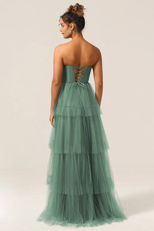 Charming Tiered A Line Square Neck Cap sleeves Ruffled Strap Lace-Up Floor-Length Side Leg Slit Prom Dress