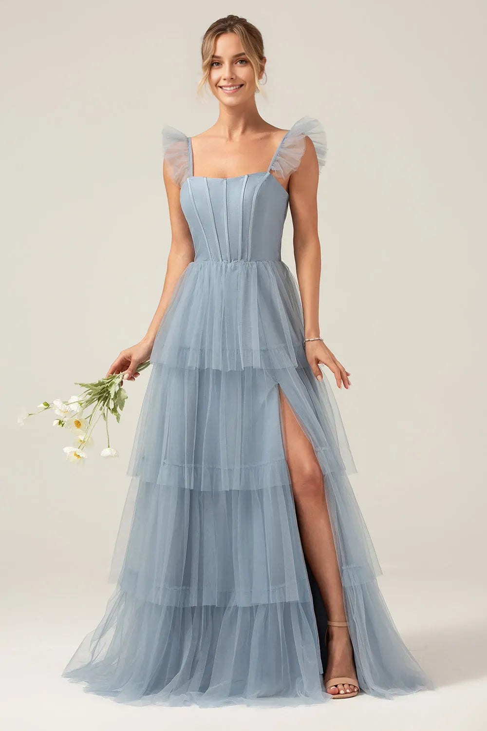 Charming Tiered A Line Square Neck Cap sleeves Ruffled Strap Lace-Up Floor-Length Side Leg Slit Prom Dress