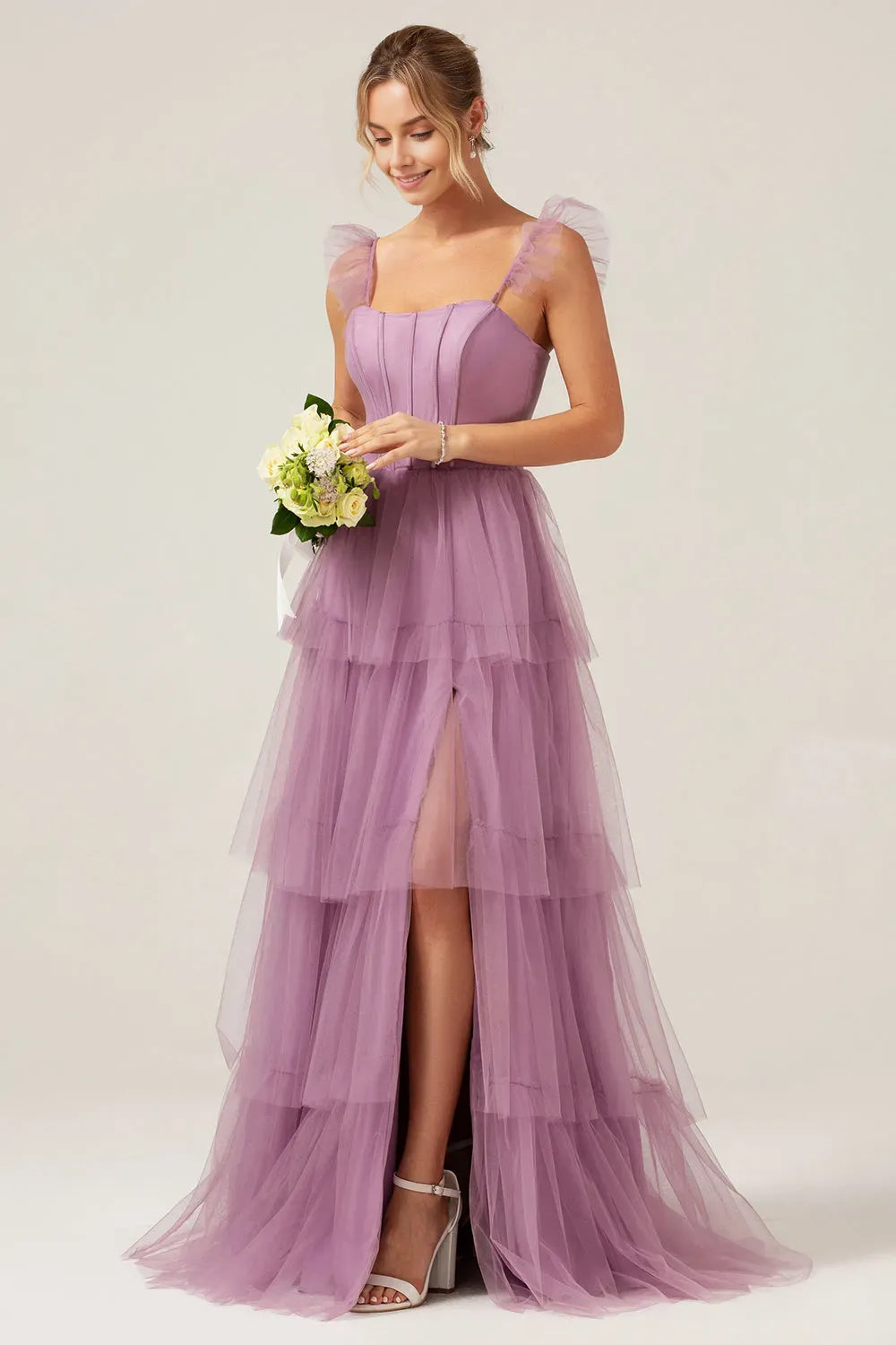 Charming Tiered A Line Square Neck Cap sleeves Ruffled Strap Lace-Up Floor-Length Side Leg Slit Prom Dress