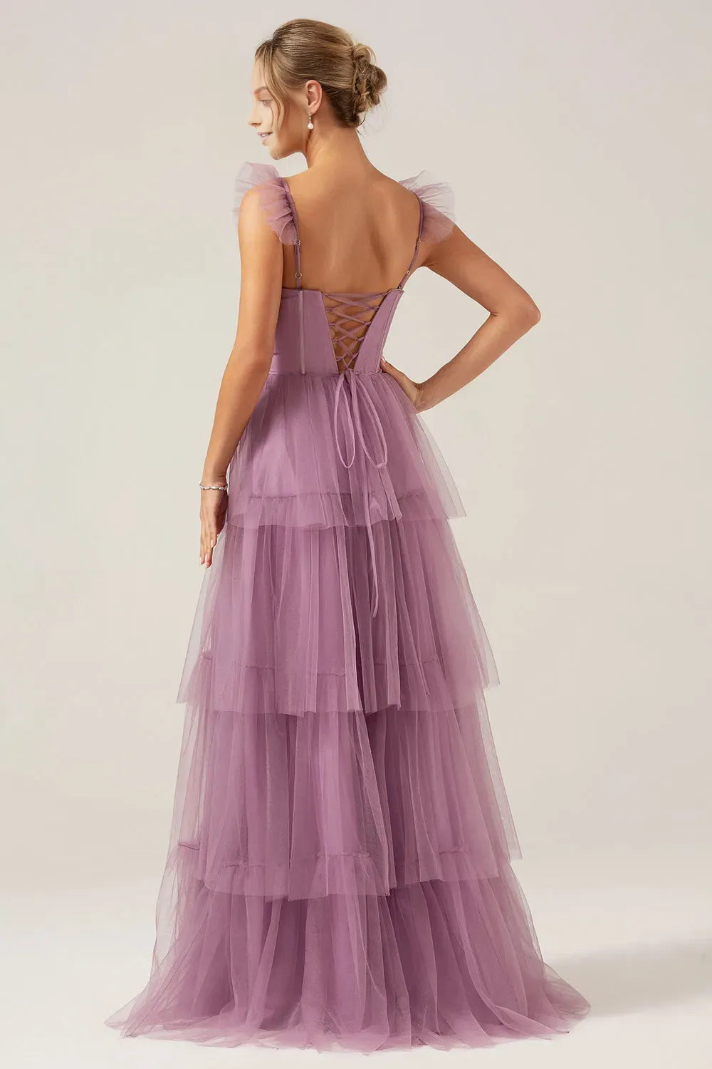 Charming Tiered A Line Square Neck Cap sleeves Ruffled Strap Lace-Up Floor-Length Side Leg Slit Prom Dress