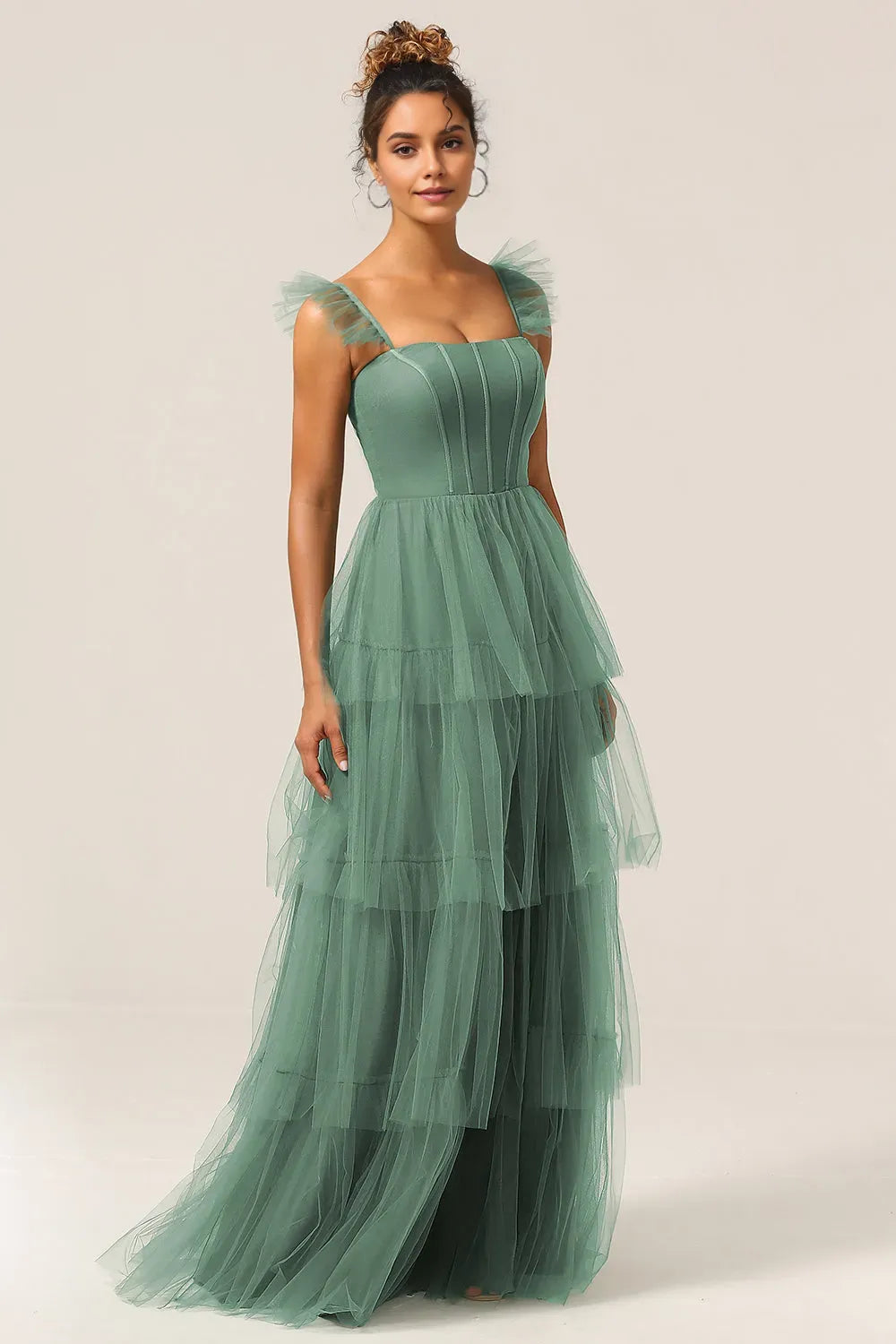 Charming Tiered A Line Square Neck Cap sleeves Ruffled Strap Lace-Up Floor-Length Side Leg Slit Prom Dress
