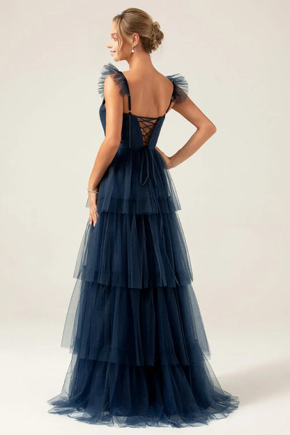 Charming Tiered A Line Square Neck Cap sleeves Ruffled Strap Lace-Up Floor-Length Side Leg Slit Prom Dress