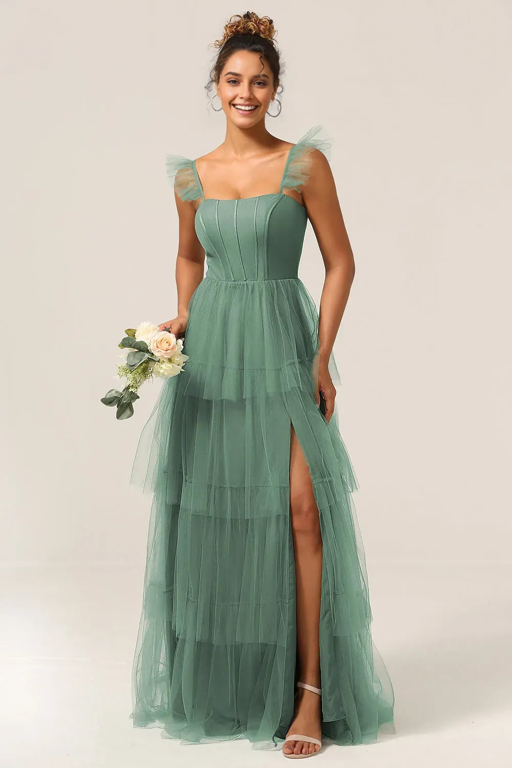 Charming Tiered A Line Square Neck Cap sleeves Ruffled Strap Lace-Up Floor-Length Side Leg Slit Prom Dress