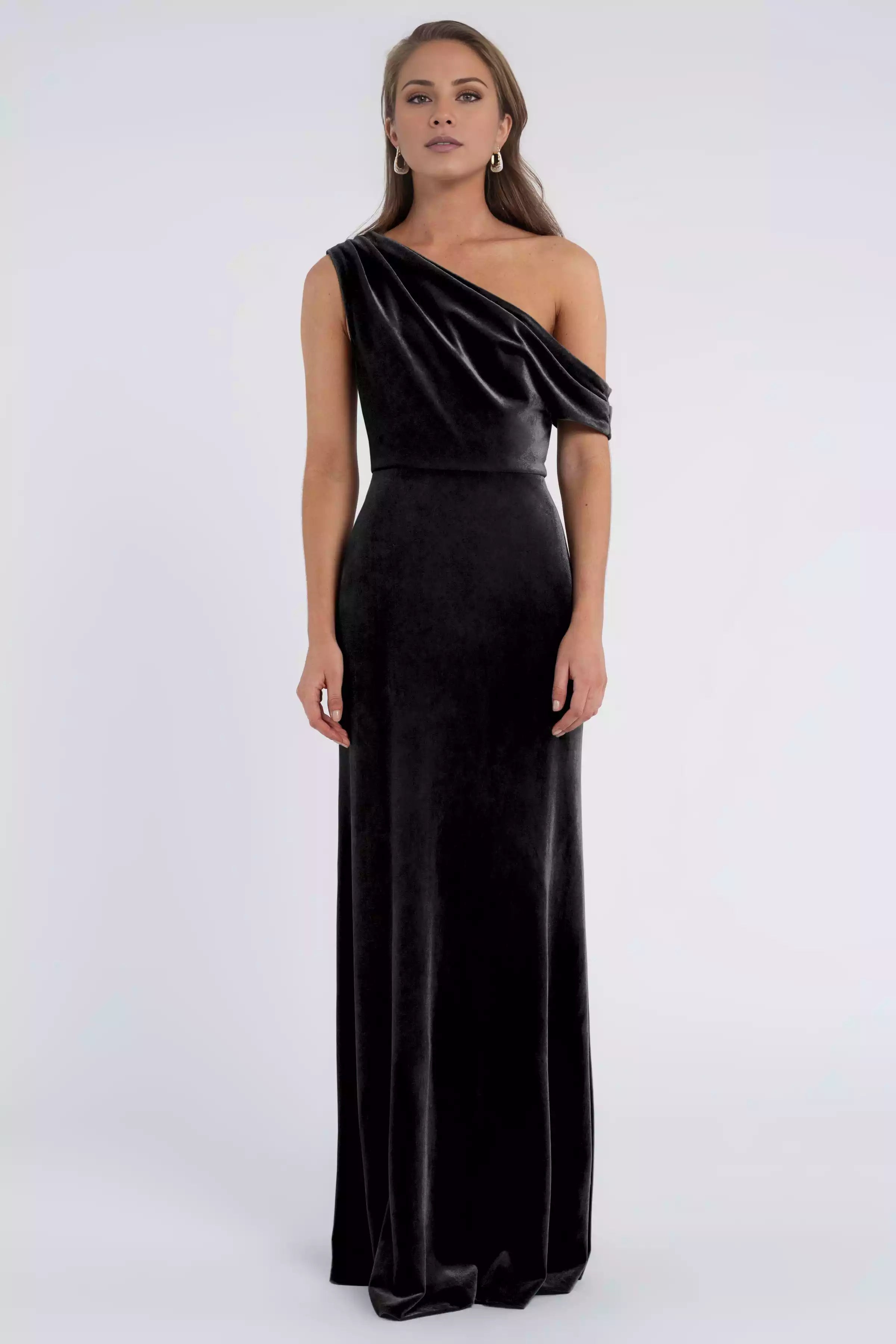 Charming Velvet Asymmetric Off Shoulder Collar Wrinkles Natural Waist Seam Low Back Tight corset Back Middle Zipper Bridesmaid Dresses