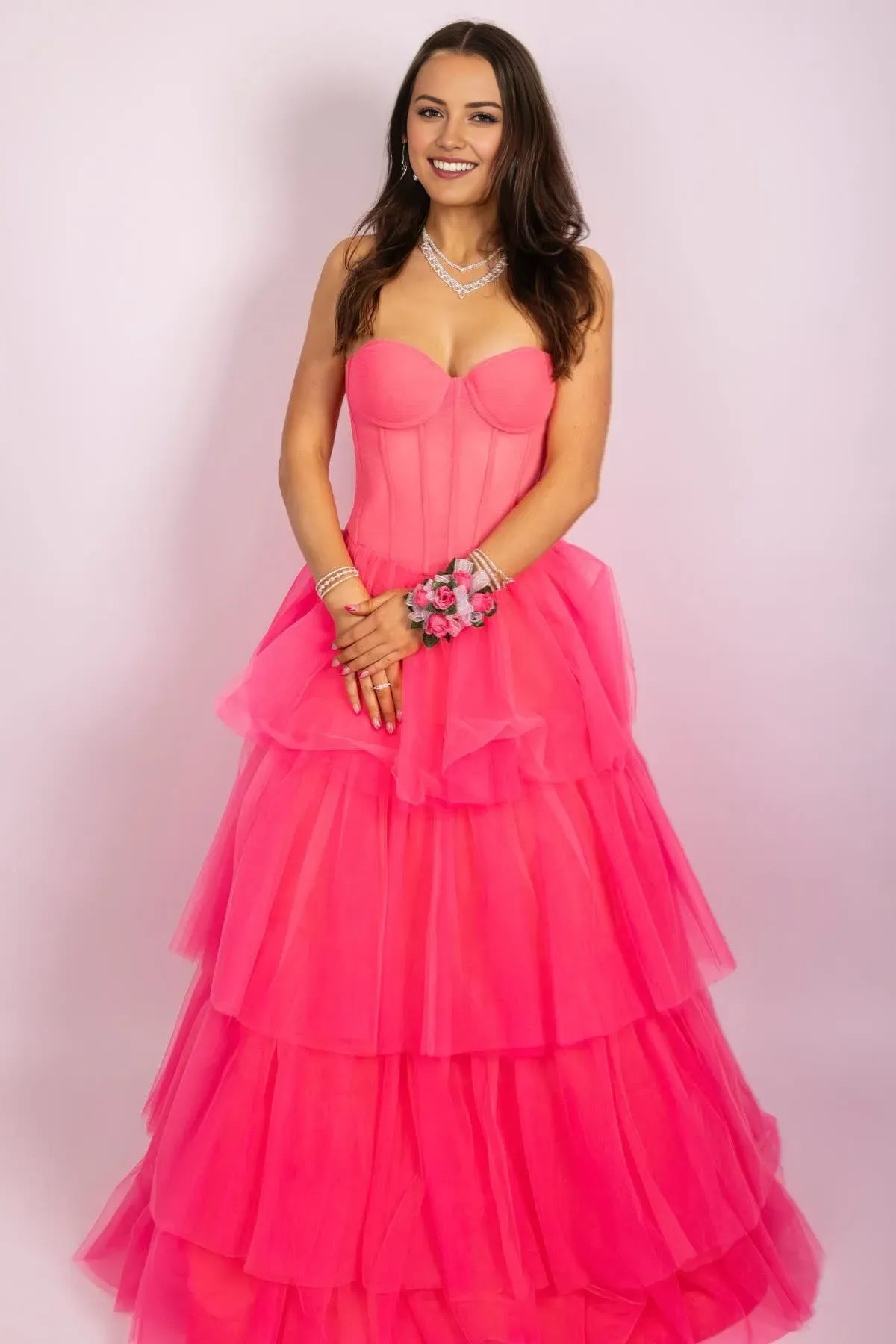 Charming Watermelon A-line Sweethearts Neck Sleeveless Ruffled Tiered Chiffon Back Zip Floor-Length Prom Dresses