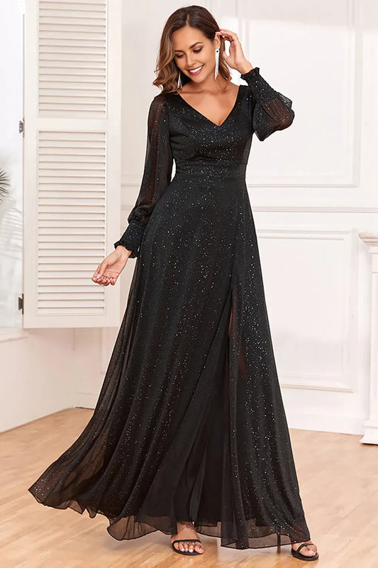 Charming A-Line Black Long Sleeves Glitter V-Neck  High Slit Gown Mother of the Bride Dress hot sale
