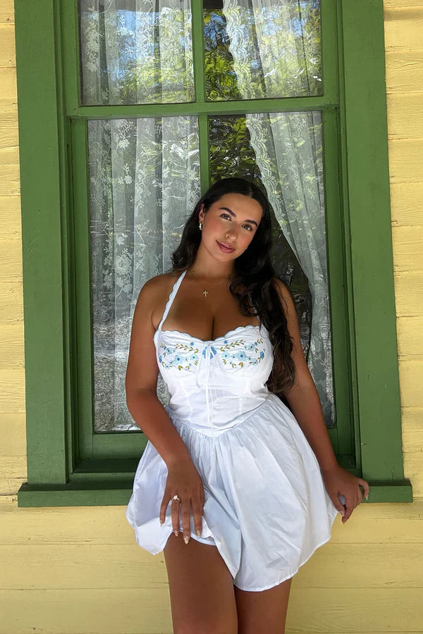 Charming A-Line Halter Sleeveless Embroidered Scalloped White Mini Homecoming Dress