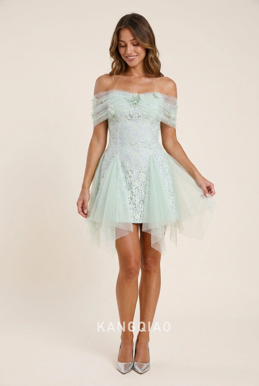Charming A-Line Off-Shoulder Short Sleeve Floral Mint Green Short Homecoming Dress