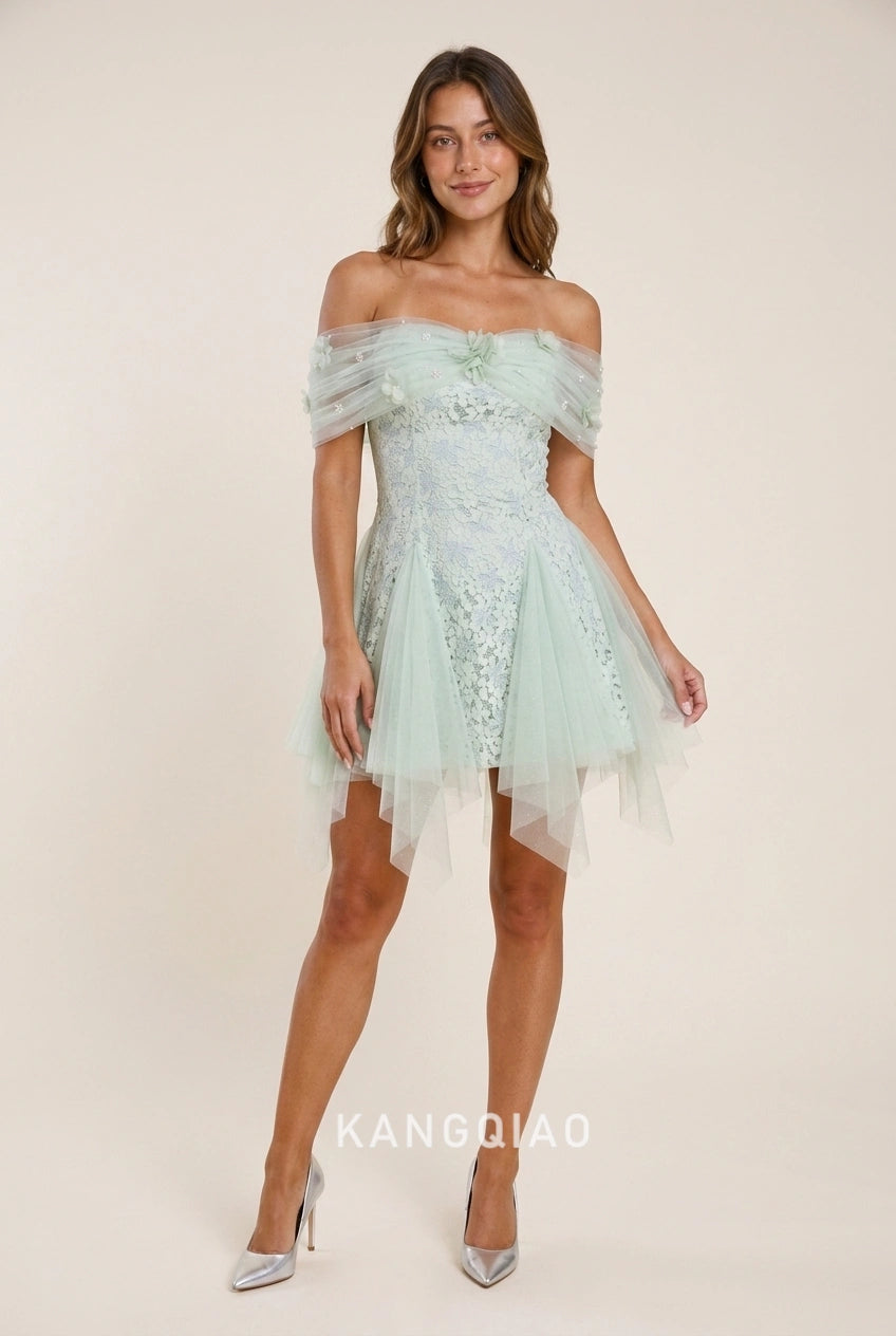 Charming A-Line Off-Shoulder Short Sleeve Floral Mint Green Short Homecoming Dress