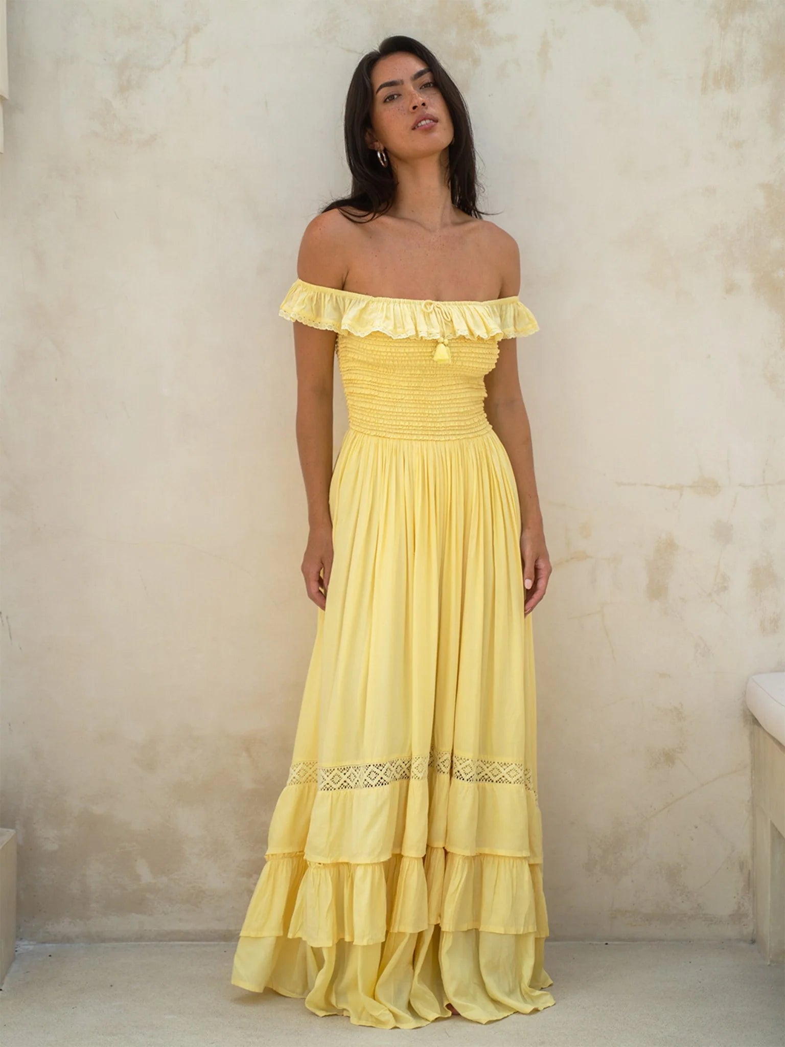 Charming A-Line Off-Shoulder Smocked Tiered Yellow Maxi Prom Dress Women's Gown