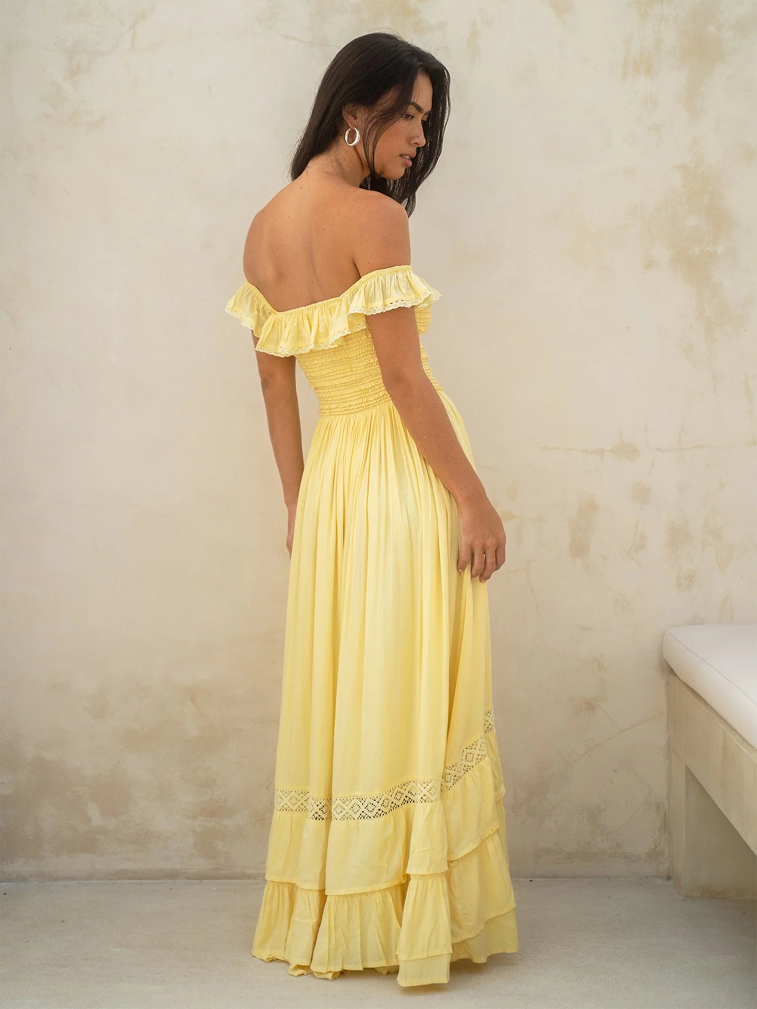 Charming A-Line Off-Shoulder Smocked Tiered Yellow Maxi Prom Dress Women's Gown