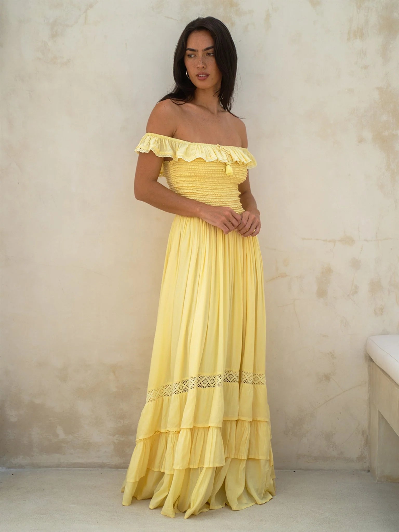 Charming A-Line Off-Shoulder Smocked Tiered Yellow Maxi Prom Dress Women's Gown