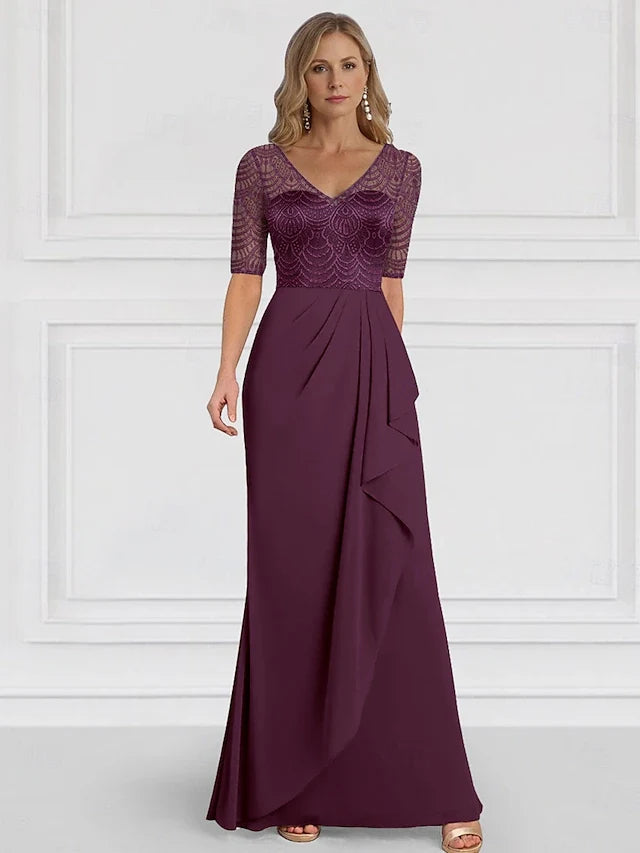 Charming A-Line V-Neck Three-Quarter Sleeve Lace Dusty Blue Floor-Length Prom Gown