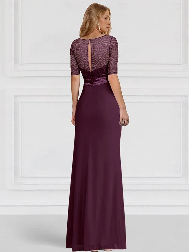 Charming A-Line V-Neck Three-Quarter Sleeve Lace Dusty Blue Floor-Length Prom Gown
