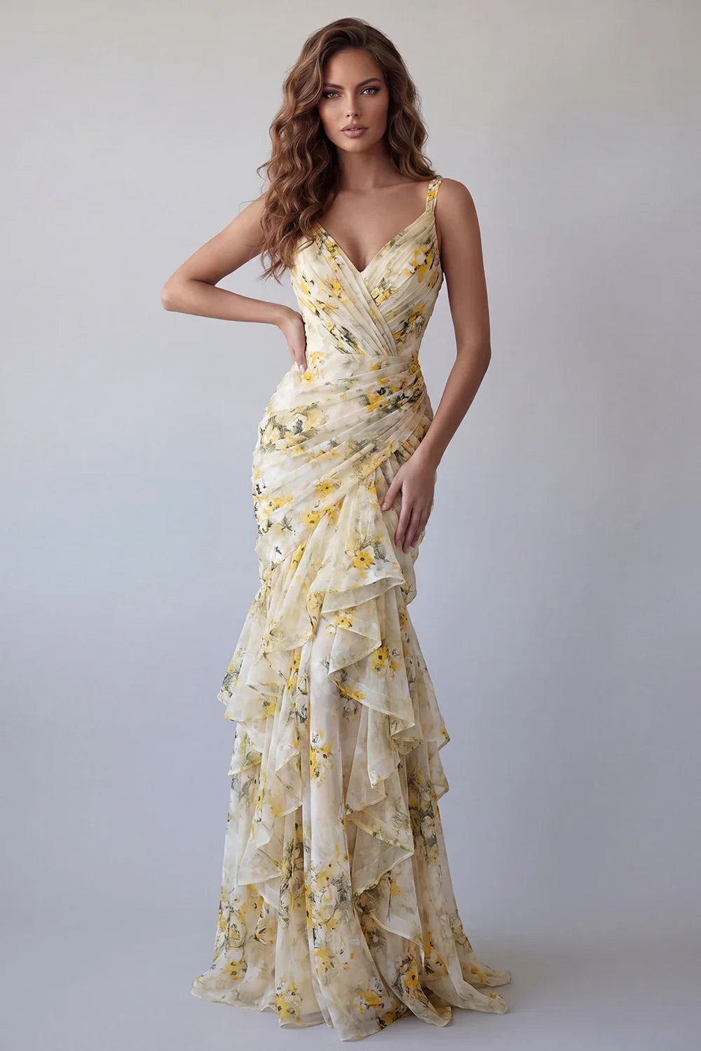 Charming Ruched V-Neck Sleeveless Ruffled Floral Light Yellow Floor-Length Prom Gown