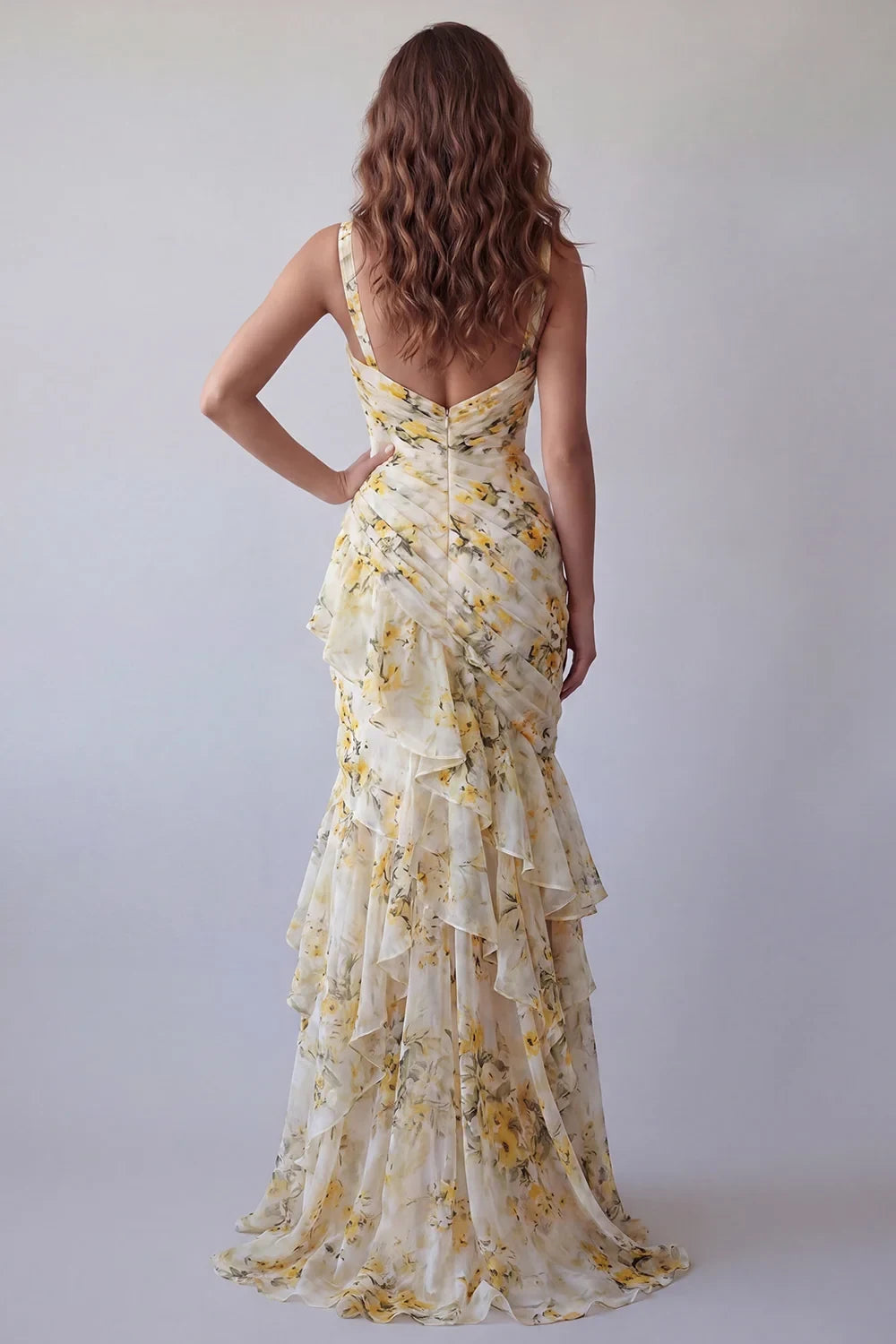 Charming Ruched V-Neck Sleeveless Ruffled Floral Light Yellow Floor-Length Prom Gown