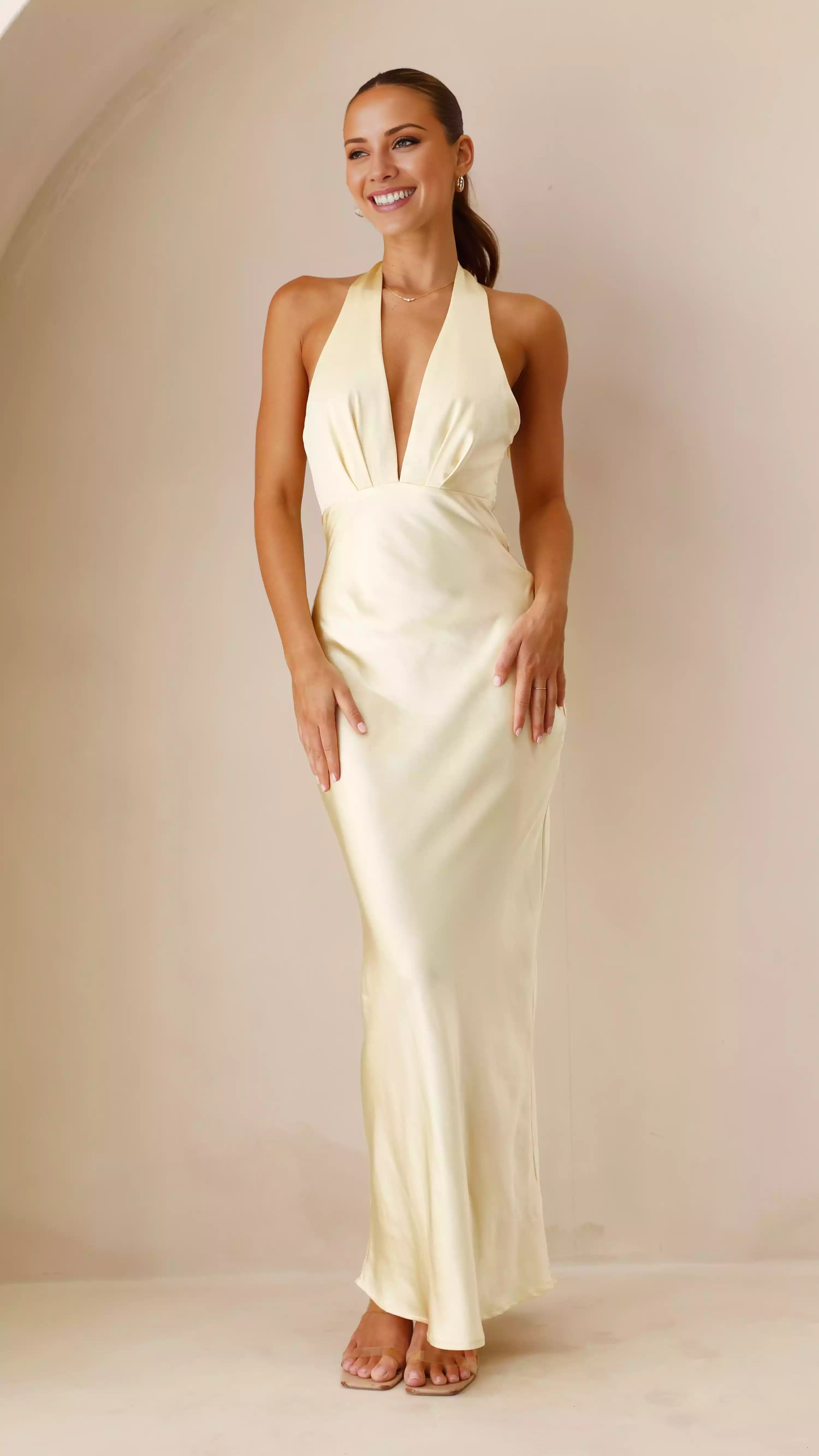 Charming backless camisole button closure V-neck invisible side zipper Prom Dresses