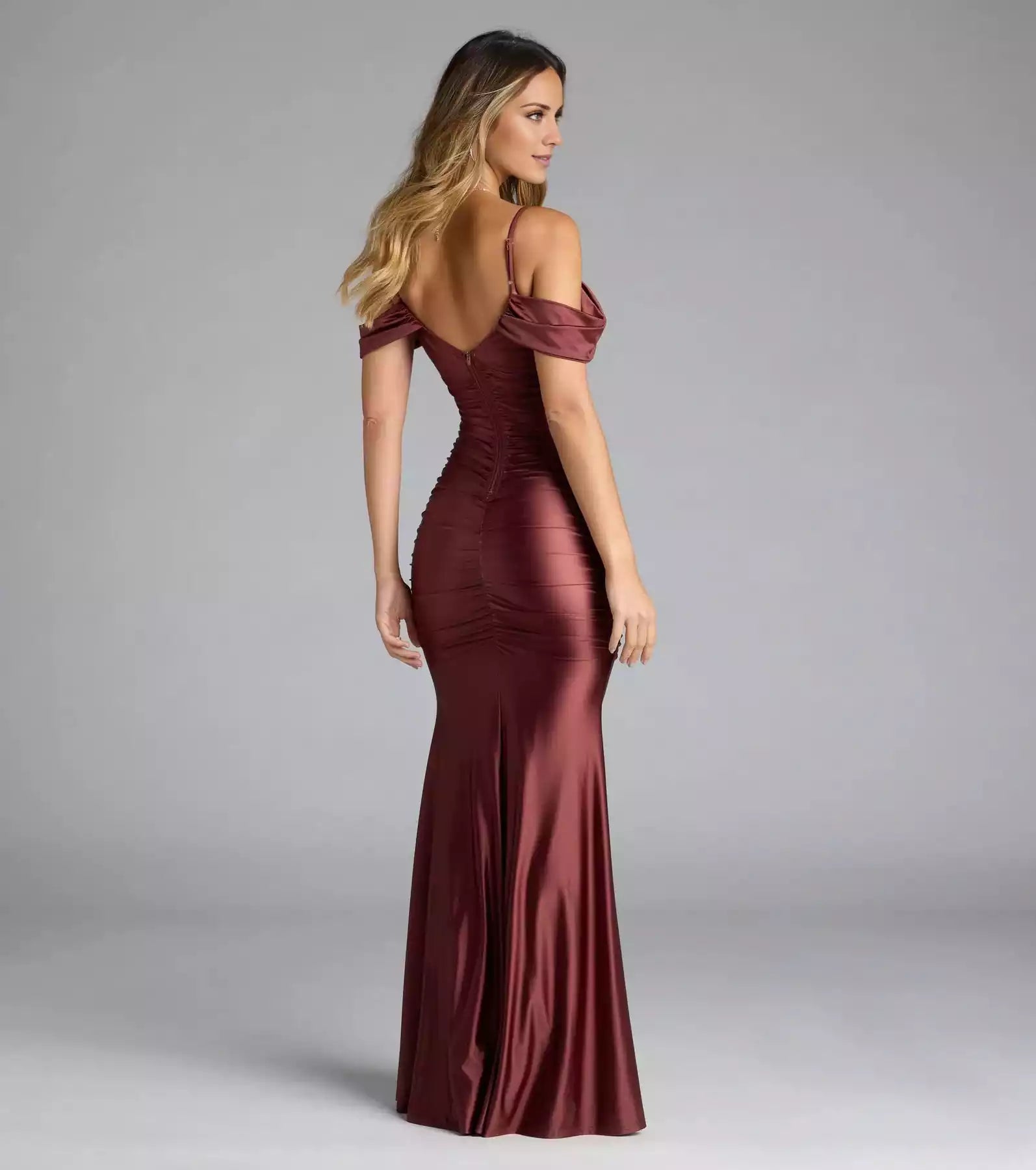 Charming elastic satin off shoulder collar with adjustable thin shoulder straps, back zipper, side stitching, pleated mermaid and floor Prom Dresses