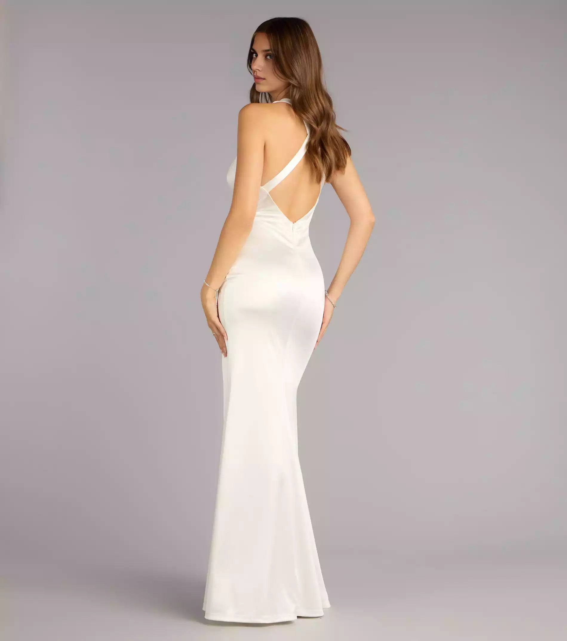 Charming elastic satin sleeveless backless deep V-neck cross tie pleated waist high slit and floor mermaid Prom Dresses