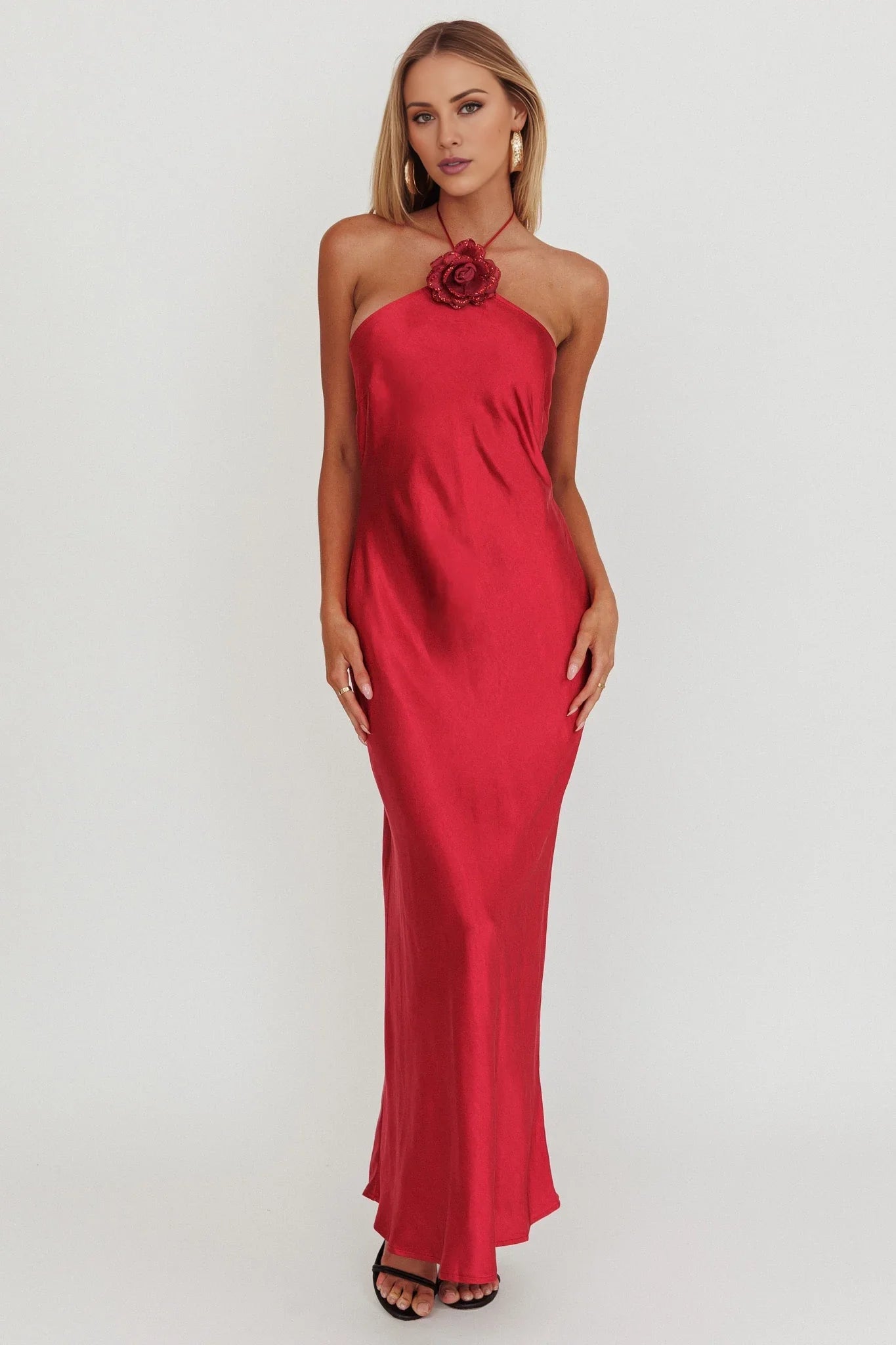Charming floral decoration backless satin with extra long side zipper bridesmaid dress