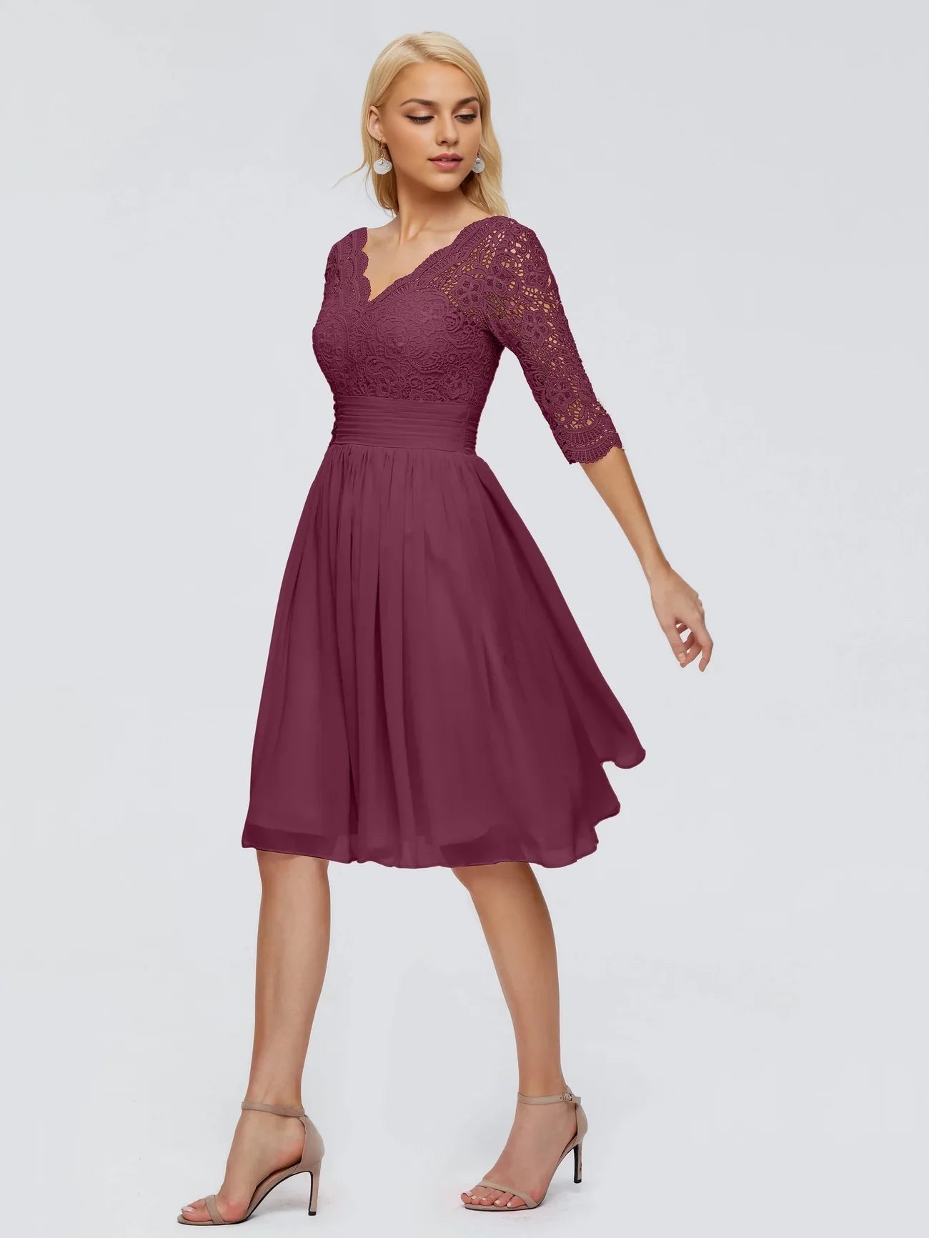 Charming half sleeved knee length lace V-neck design, slim fit skirt, playful and agile bride and mother dress