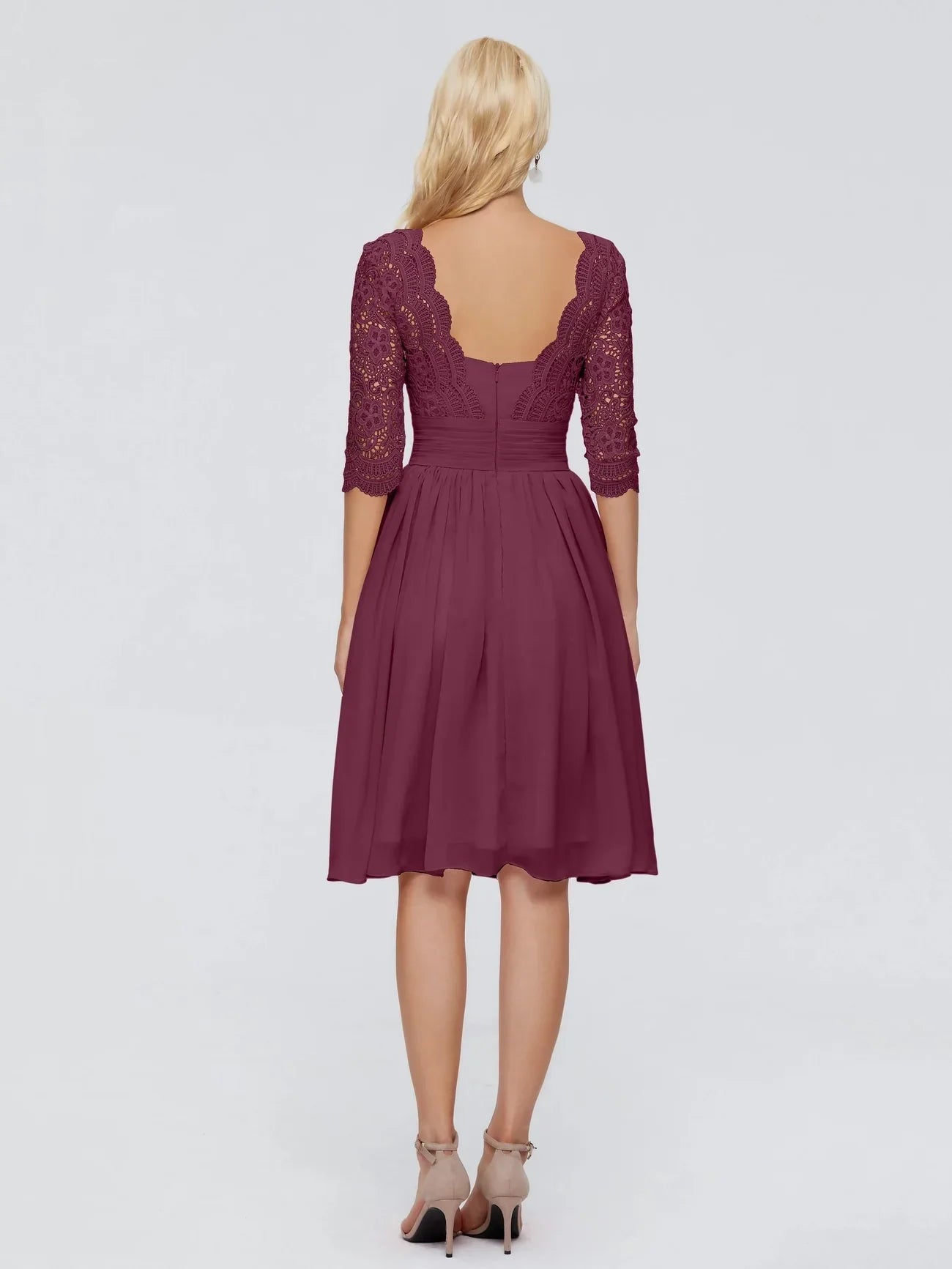 Charming half sleeved knee length lace V-neck design, slim fit skirt, playful and agile bride and mother dress