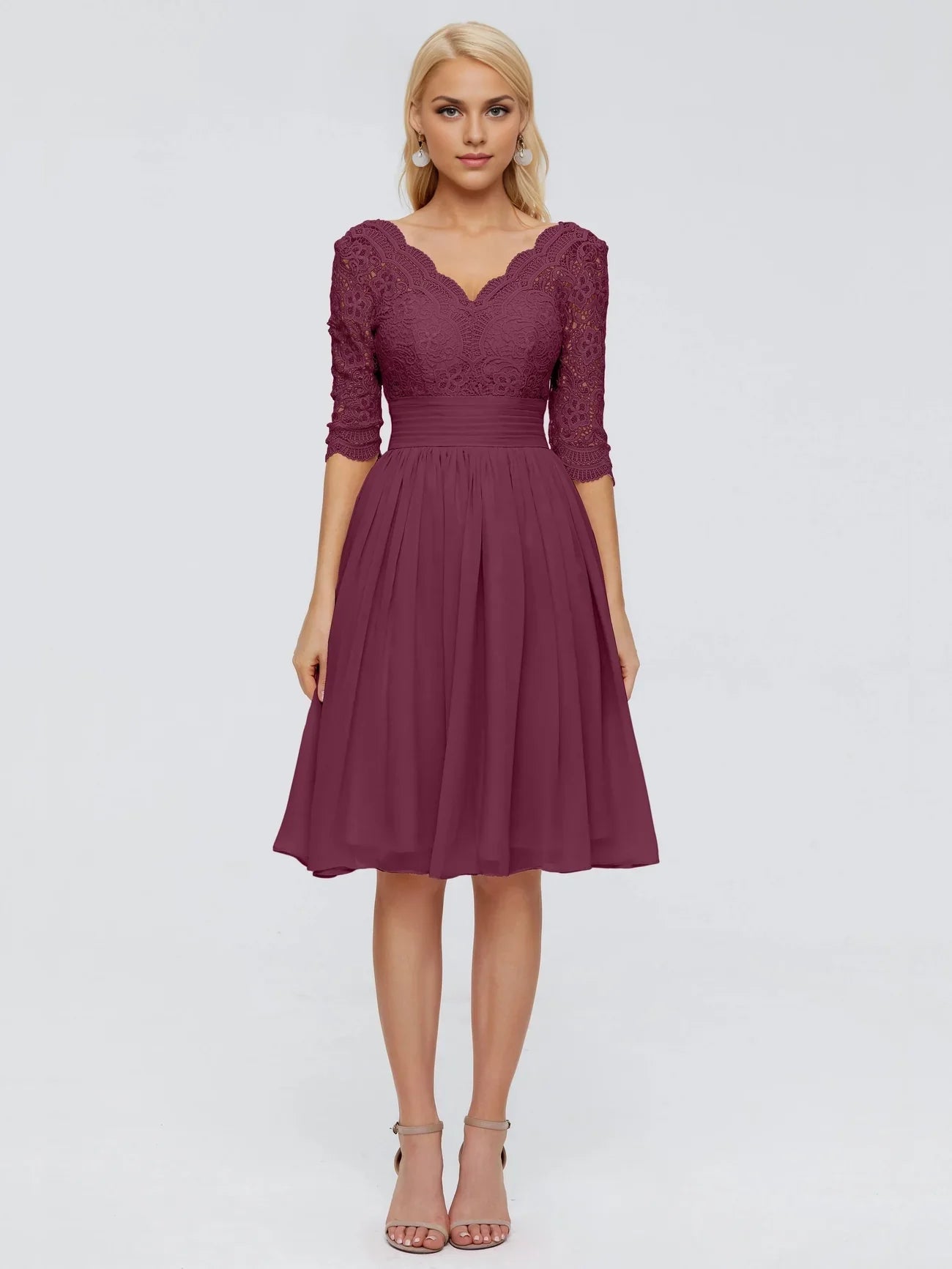 Charming half sleeved knee length lace V-neck design, slim fit skirt, playful and agile bride and mother dress