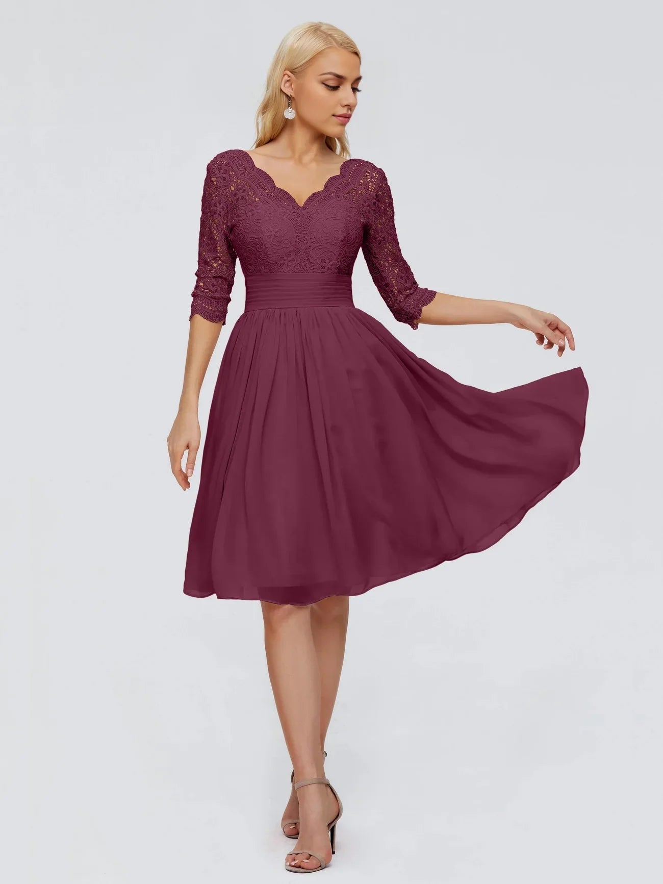 Charming half sleeved knee length lace V-neck design, slim fit skirt, playful and agile bride and mother dress