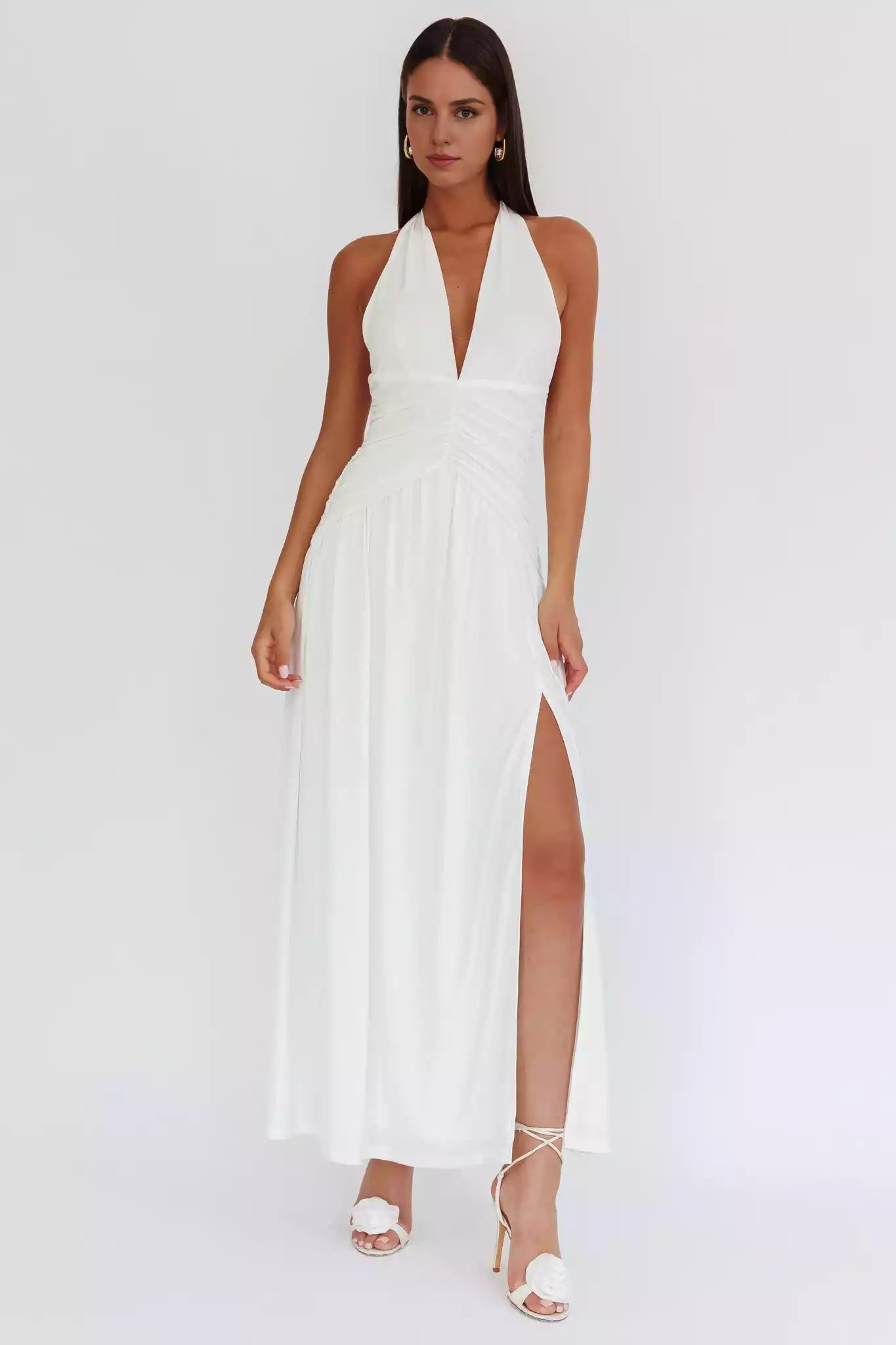 Charming halter neck, pleated neckline, backless lining, front leg slit, side zipper Prom Dresses
