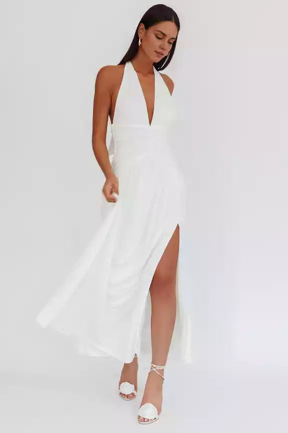 Charming halter neck, pleated neckline, backless lining, front leg slit, side zipper Prom Dresses