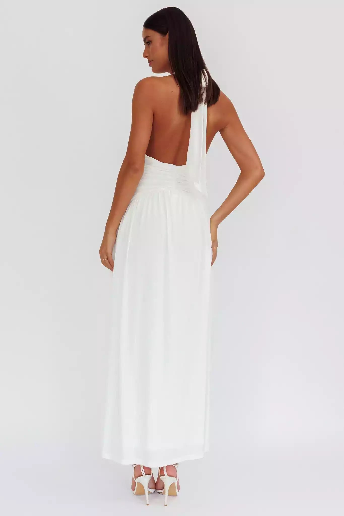 Charming halter neck, pleated neckline, backless lining, front leg slit, side zipper Prom Dresses