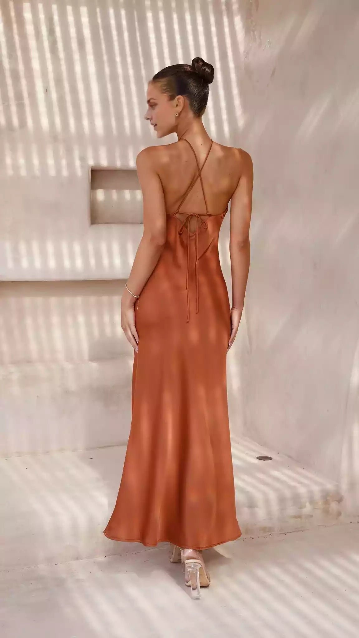 Charming halter neckline with cross ties, fully lined and slim fit Prom Dresses