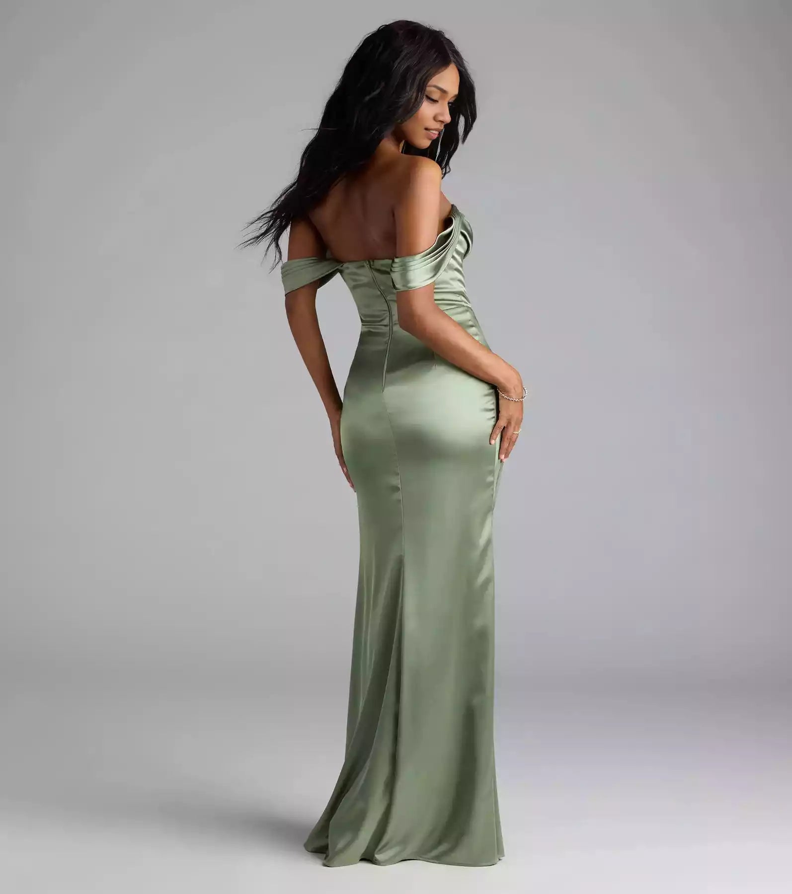 Charming high-quality satin off shoulder collar, back zipper, tight corset, high front slit, slim fit cut Prom Dresses