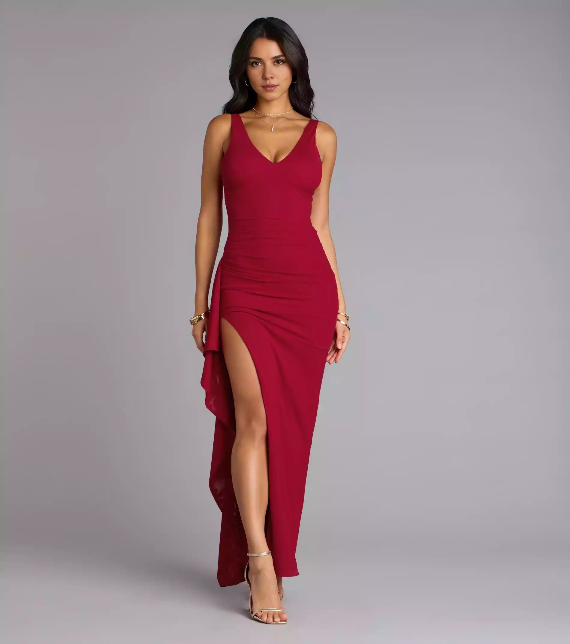 Charming lightweight mesh sleeveless V-neck, slim shoulder straps, pleated high slit, ruffled edges on the sides Prom Dresses