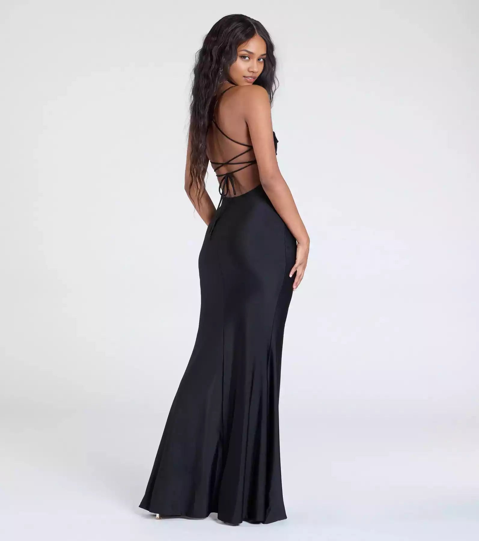 Charming lining, smooth knit sleeveless high neck, pleated thin shoulder straps, lace up back, mermaid high slit, Prom Dresses