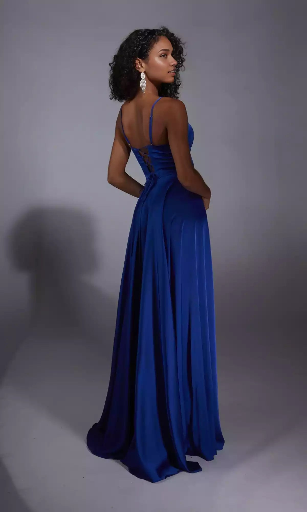Charming long satin chiffon flowing V-neck A-line adjustable thin shoulder strap with back slit Prom Dresses
