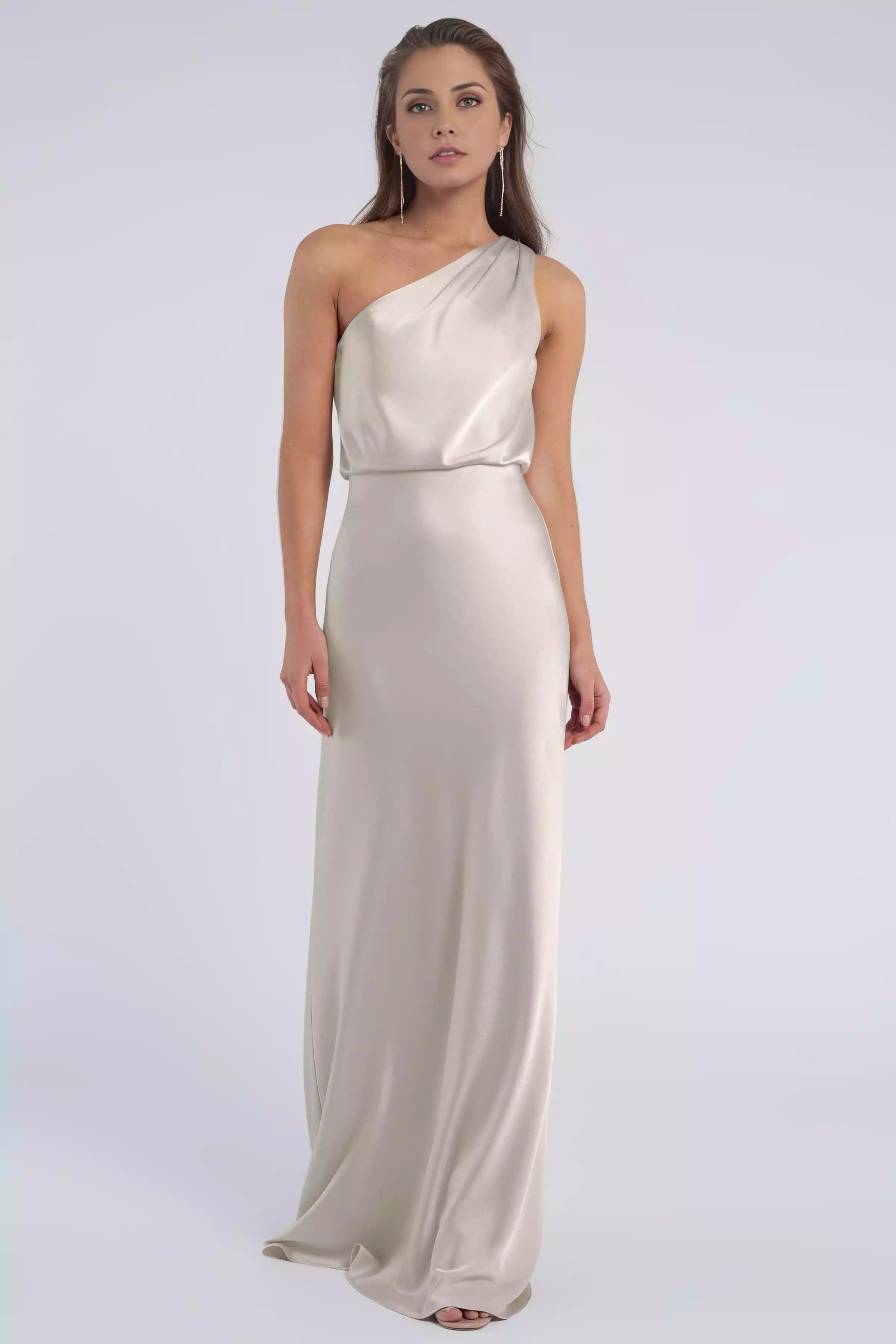 Charming luxury satin single shoulder neckline with pleats, loose waist, slanted cut, tight corset, back mid zip Bridesmaid Dresses