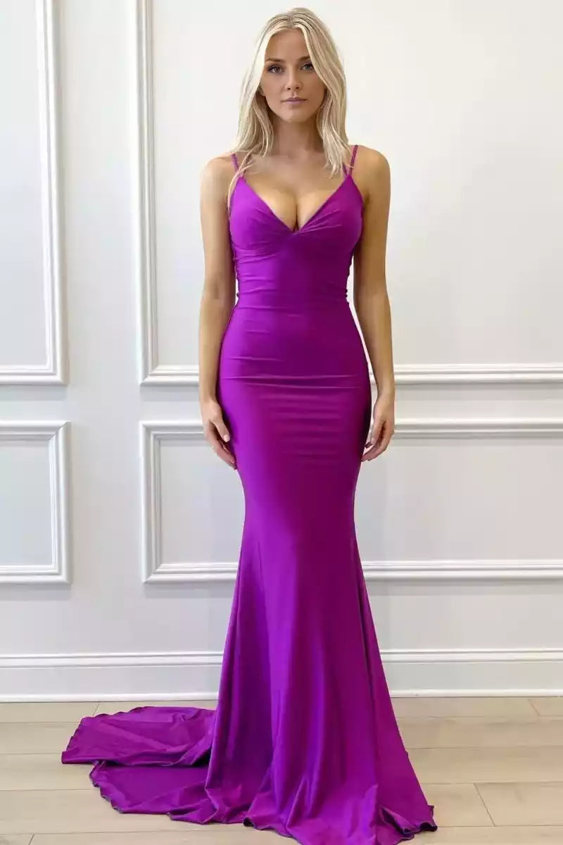 Charming mermaid chiffon thin shoulder strap sleeveless lace up back Prom Dresses