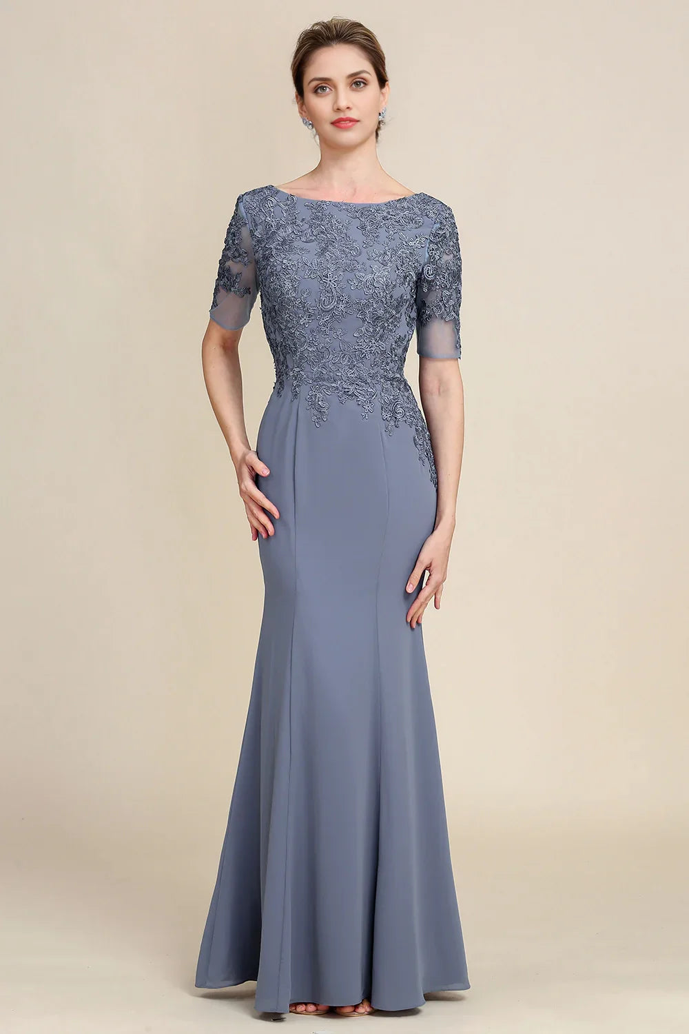Charming mermaid floor mopping chiffon applique short sleeved back zipper bridal mother dress