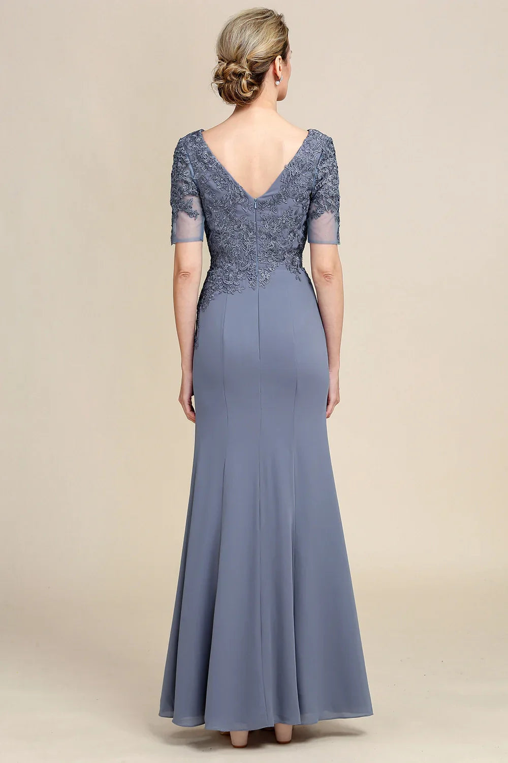 Charming mermaid floor mopping chiffon applique short sleeved back zipper bridal mother dress