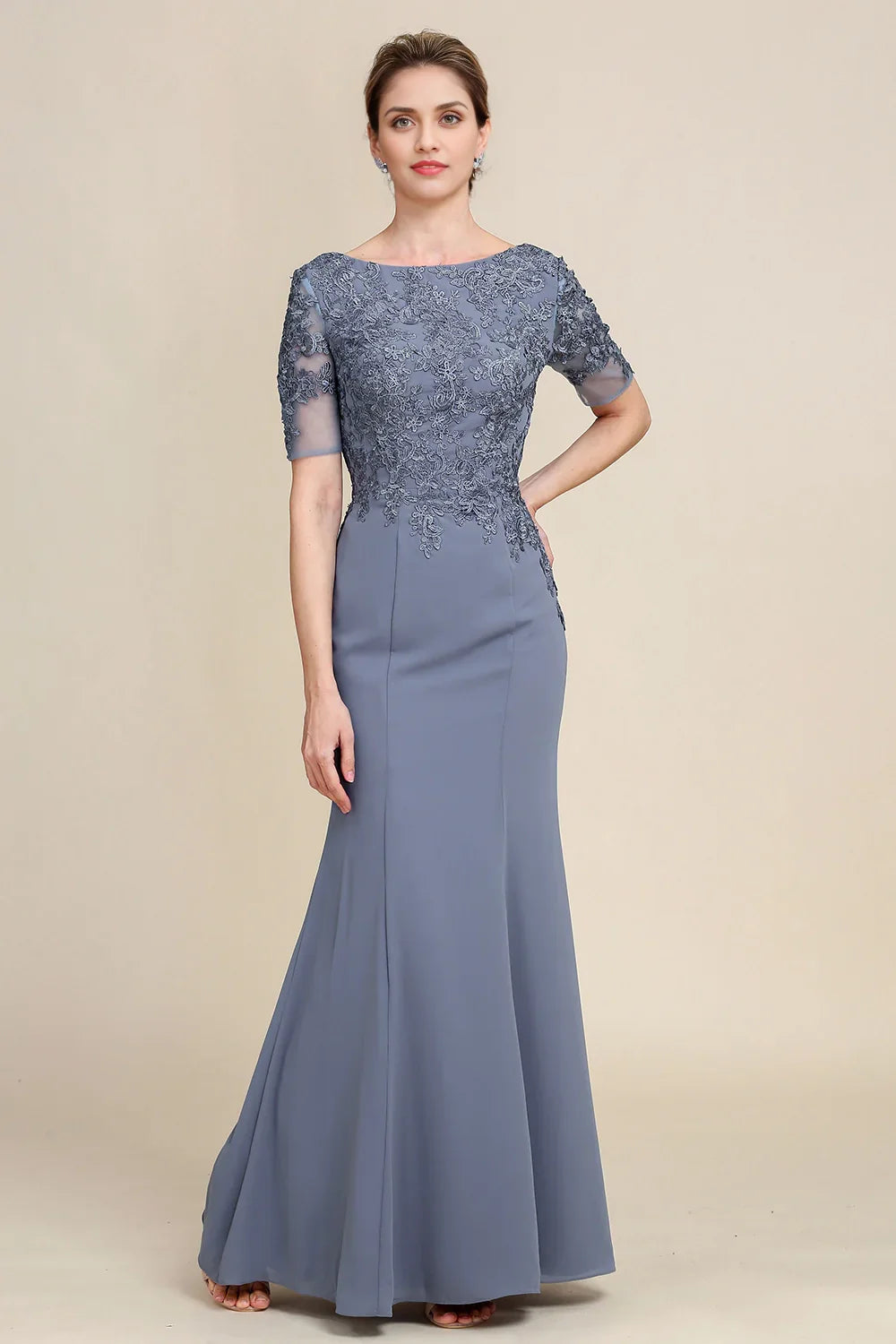 Charming mermaid floor mopping chiffon applique short sleeved back zipper bridal mother dress