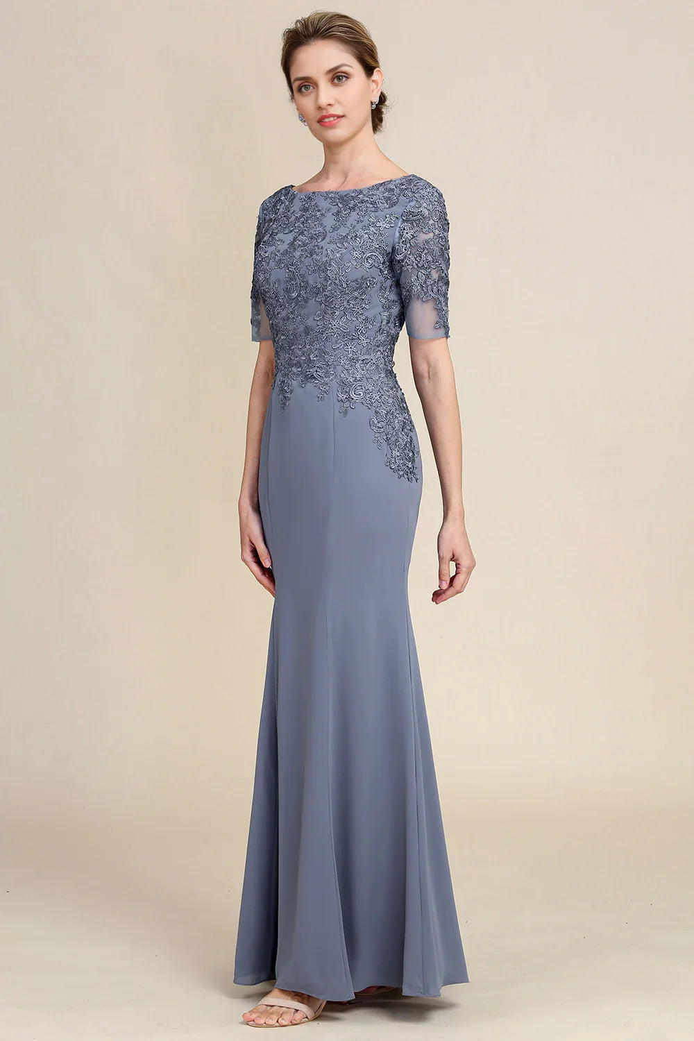 Charming mermaid floor mopping chiffon applique short sleeved back zipper bridal mother dress