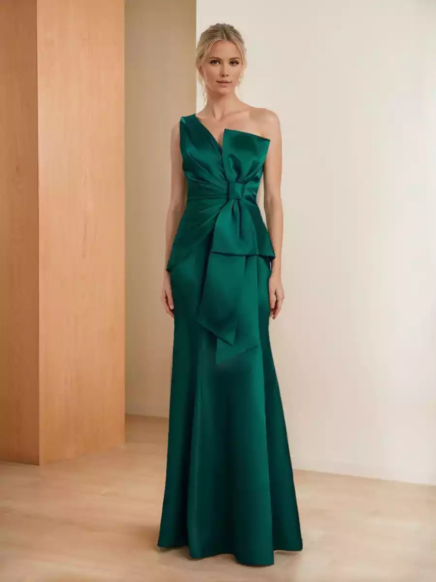 Charming one shoulder pleated slim fit bow and sleeveless long Mother of the Bride Dresses
