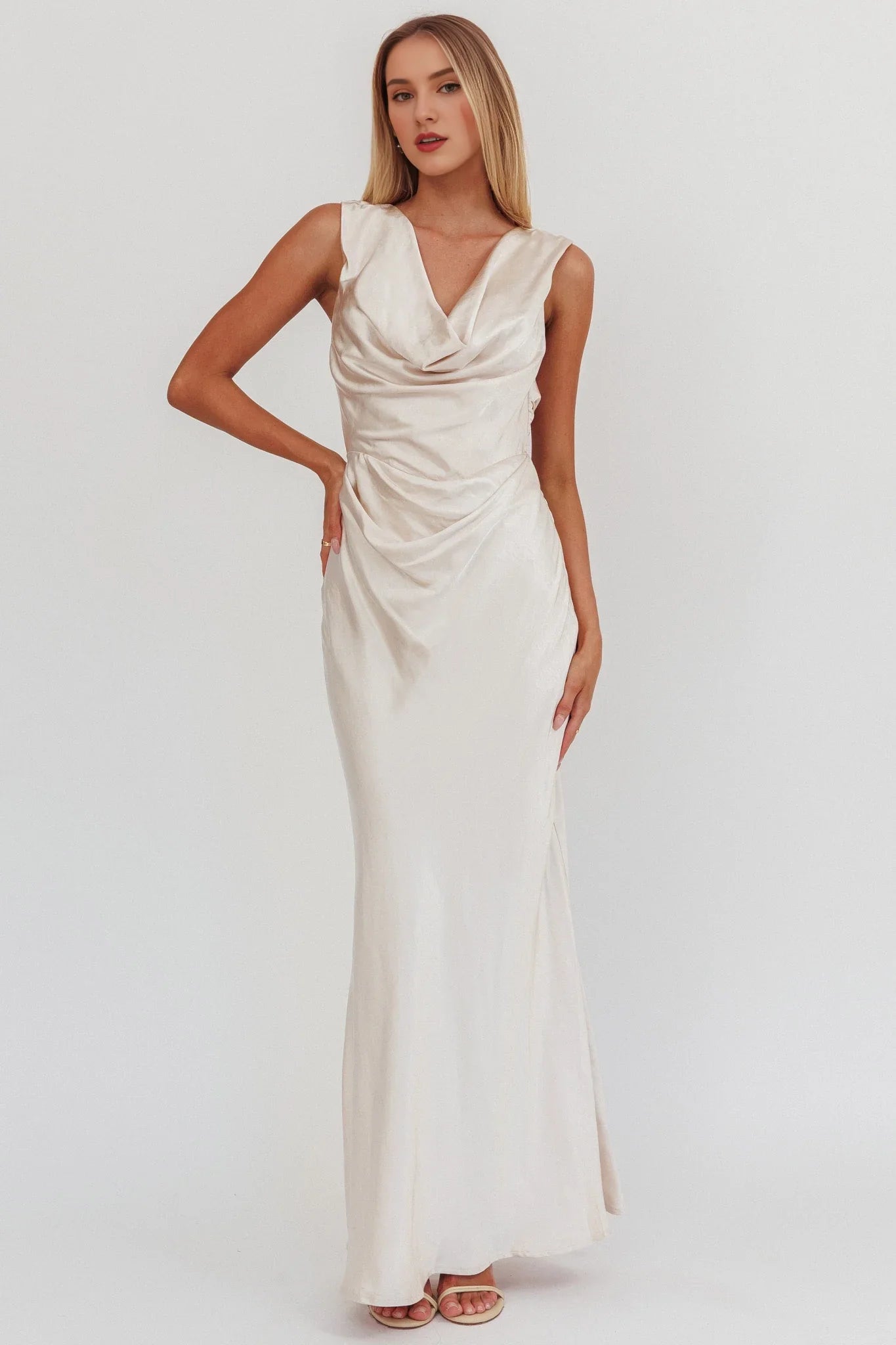 Charming pendant neckline satin ultra long invisible side zipper bridesmaid dress