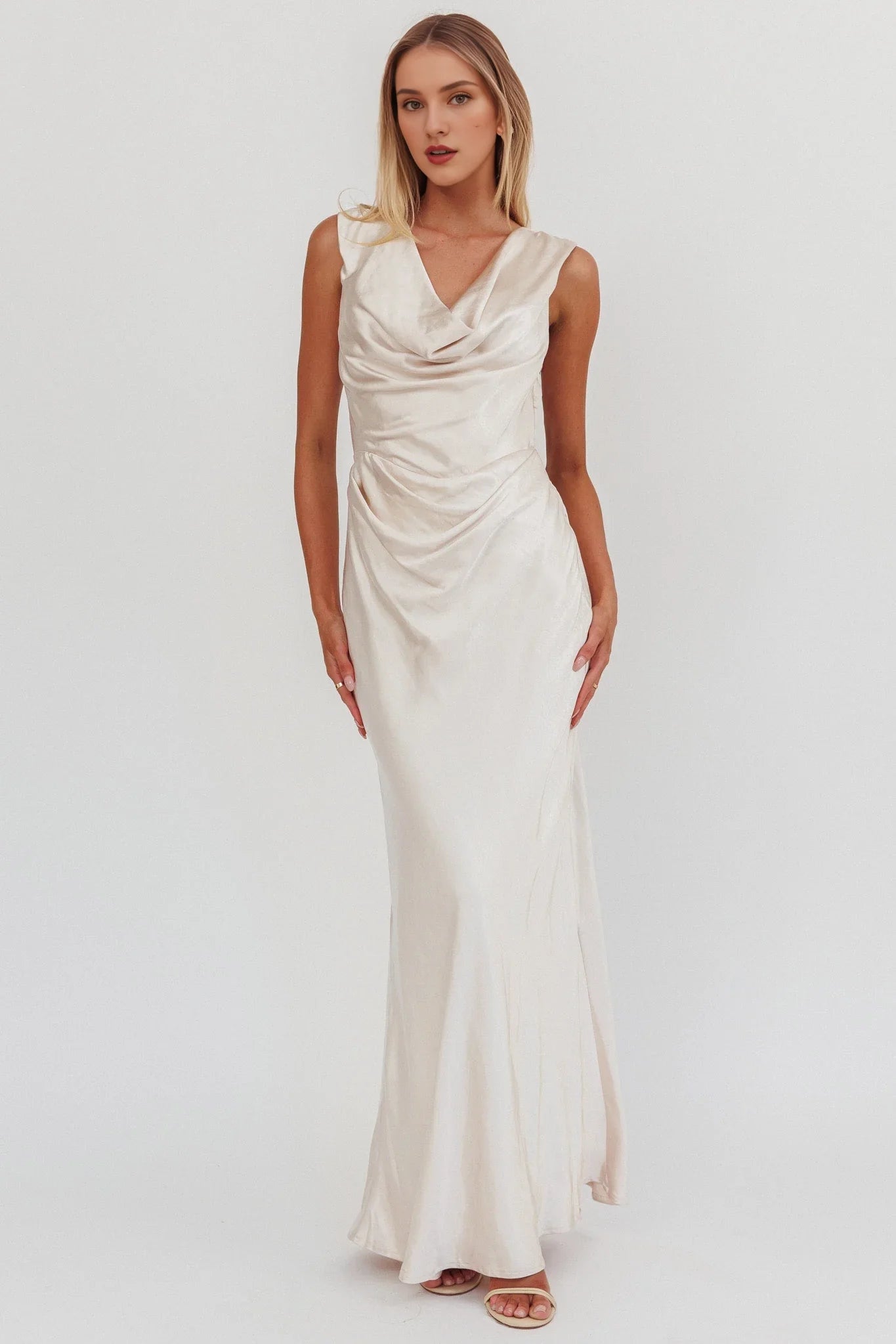 Charming pendant neckline satin ultra long invisible side zipper bridesmaid dress