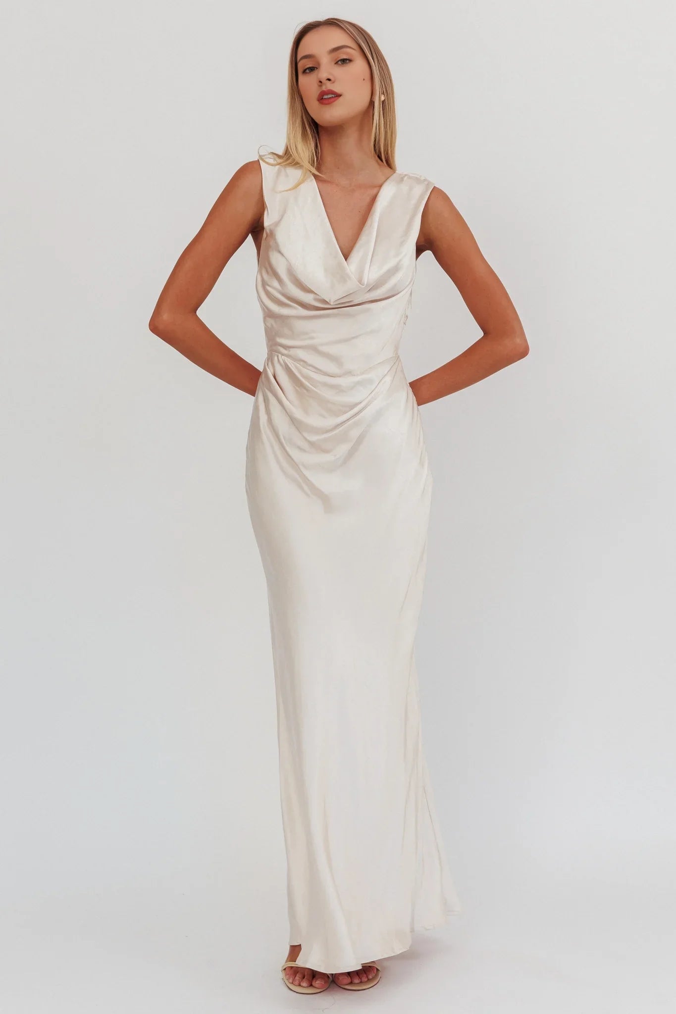 Charming pendant neckline satin ultra long invisible side zipper bridesmaid dress